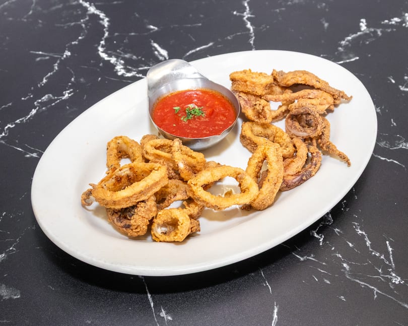Crispy fried calamari rings and tentacles with a side of red marinara sauce on a white plate.